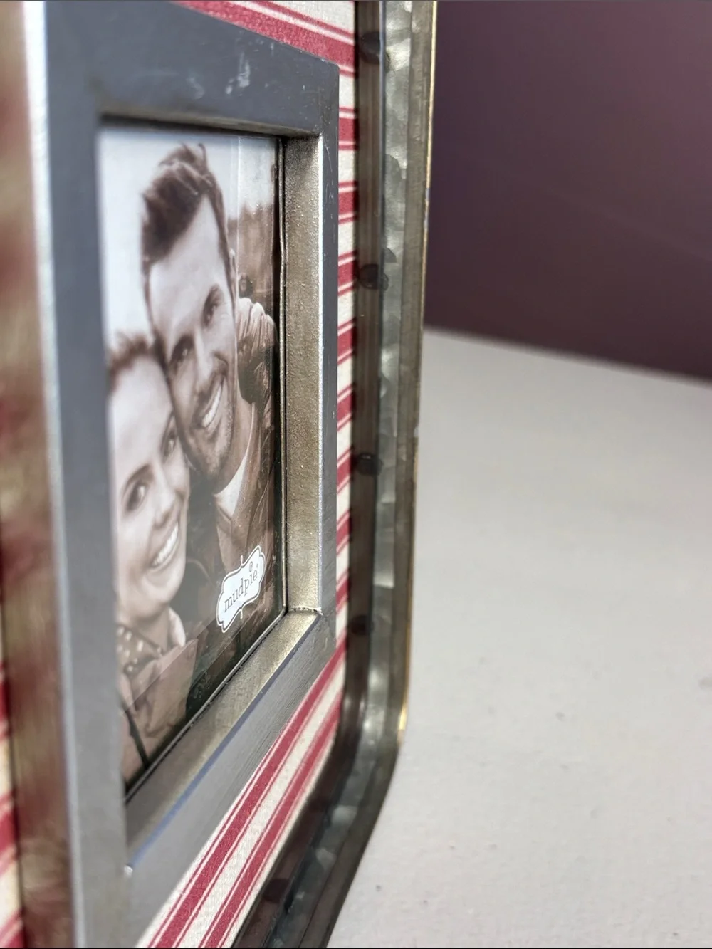NWT Mud Pie Ticking Stripe Square Photo Frame-Rustic Farmhouse; Red & Cream